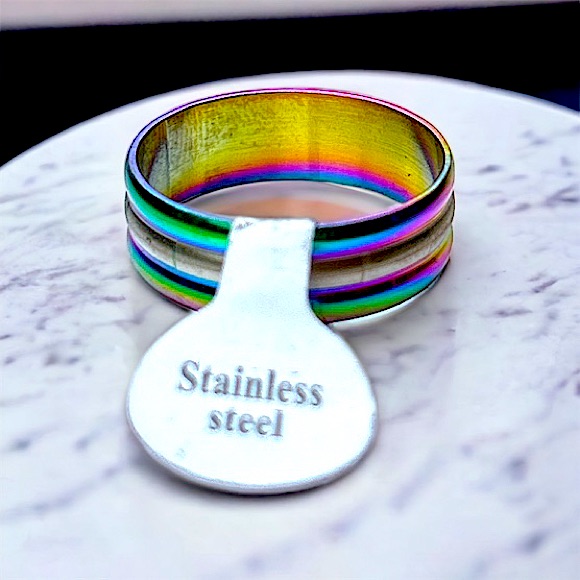 Stainless Steel Band Ring Silver Ring Iridescent Rainbow Jewelry Nwt